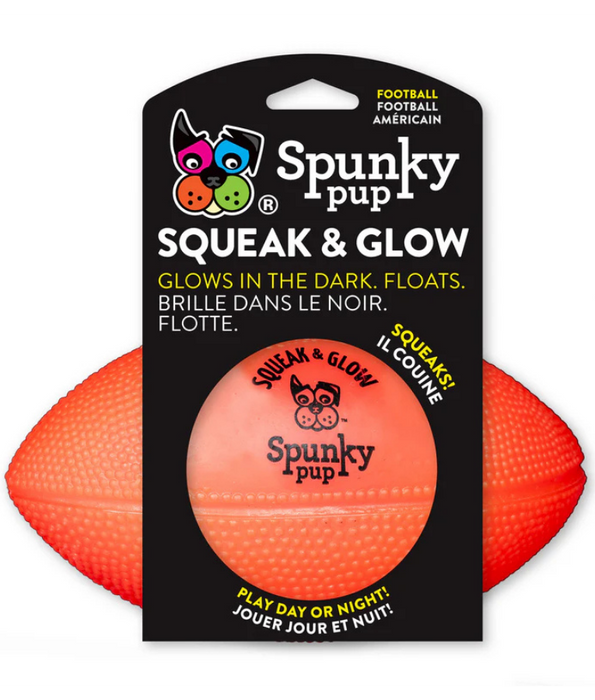 Spunky Pup - Squeak & Glow Football, Glow-in-the-Dark Floating Dog Fetch Toy, Squeaky Textured Football