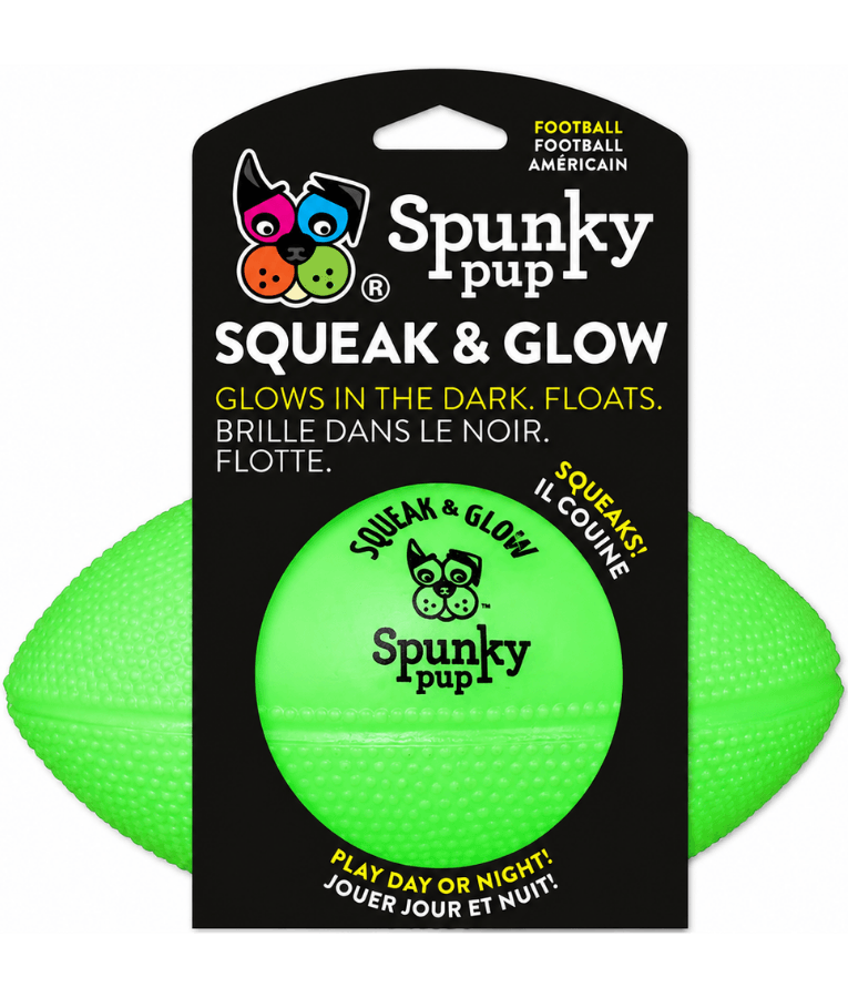 Spunky Pup - Squeak & Glow Football, Glow-in-the-Dark Floating Dog Fetch Toy, Squeaky Textured Football