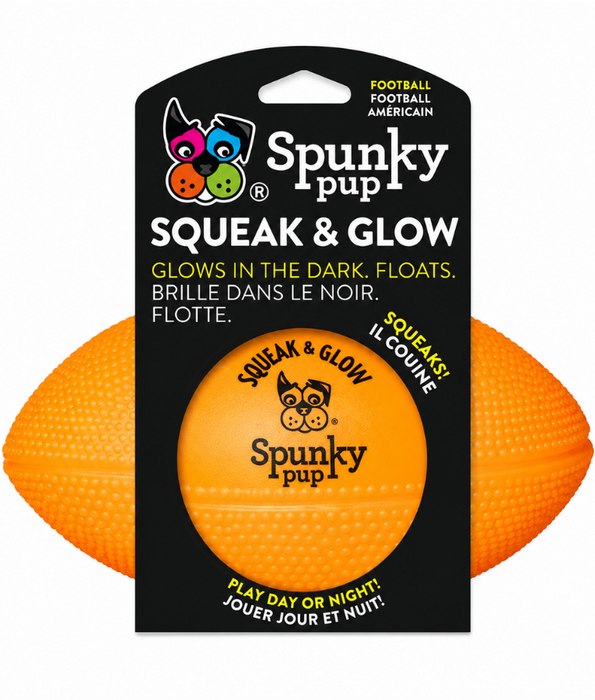 Spunky Pup - Squeak & Glow Football, Glow-in-the-Dark Floating Dog Fetch Toy, Squeaky Textured Football