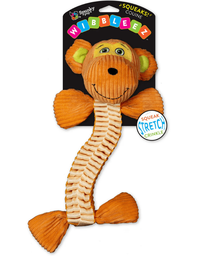 Spunky Pup - Wibbleez Straight Monkey, Stretch & Squeak Plush Dog Toy