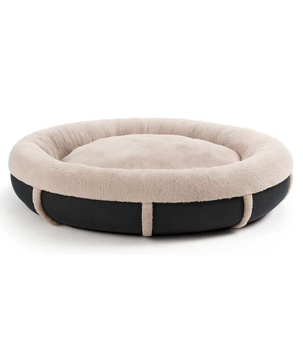 Tall Tails - Plush Round Dog Bed, Beige Faux Fur with Dark Navy Base, Washable, Bolstered Comfort - 91 cm