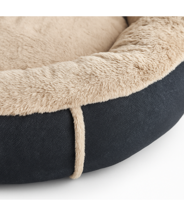 Tall Tails - Plush Round Dog Bed, Beige Faux Fur with Dark Navy Base, Washable, Bolstered Comfort - 91 cm