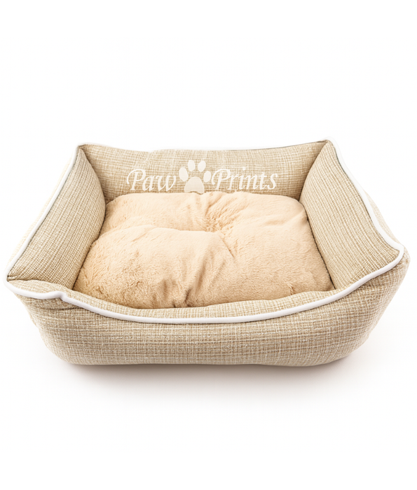 King Queen Beds - Paw Prints Washable Pet Bed with Double-Sided Cushion, Anti-Slip Bottom - Beige 63x48x16