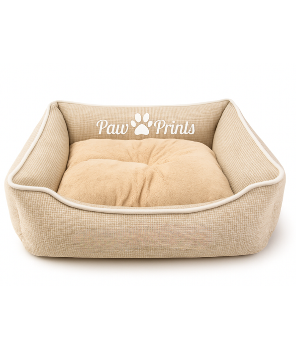 King Queen Beds - Paw Prints Washable Pet Bed with Double-Sided Cushion, Anti-Slip Bottom - Beige 63x48x16