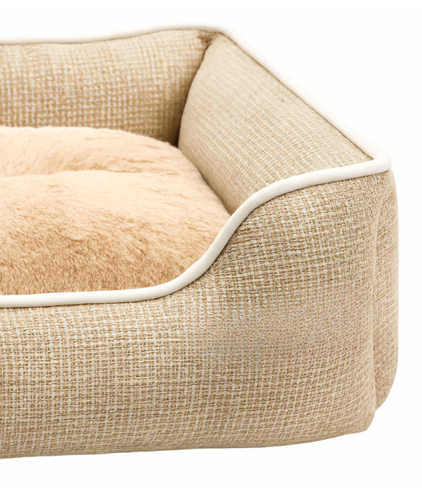 King Queen Beds - Paw Prints Washable Pet Bed with Double-Sided Cushion, Anti-Slip Bottom - Beige 63x48x16