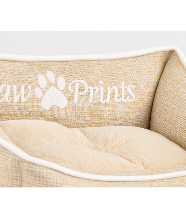 King Queen Beds - Paw Prints Washable Pet Bed with Double-Sided Cushion, Anti-Slip Bottom - Beige 63x48x16