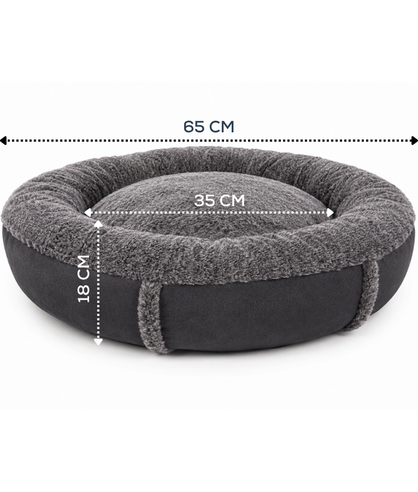 King Queen - Luxury Plush Donut Pet Bed, Ultra Soft Calming Round Bed for Dogs & Cats, Black & Beige - 65 cm