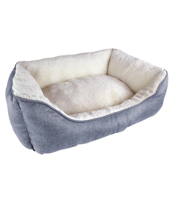 King Queen Beds - Cozy Rectangular Dog & Cat Bed, Corduroy Blue Grey with Cream Sherpa, Anti-Slip, Washable - 60×45×17 cm