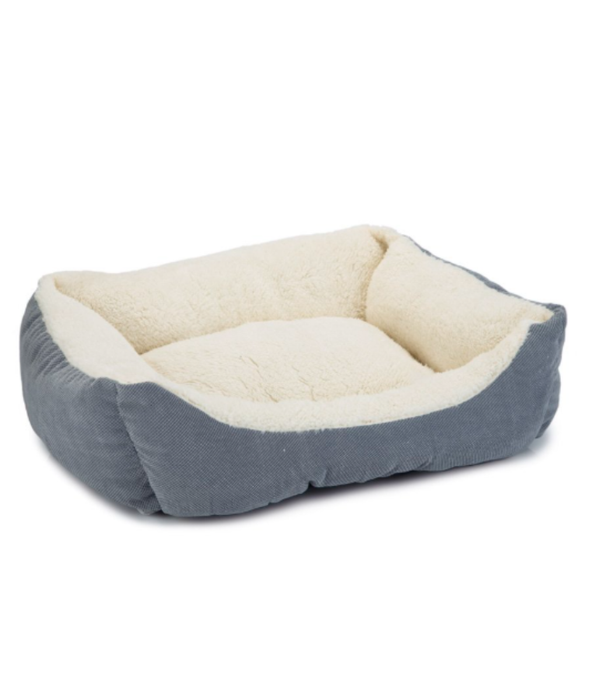 King Queen Beds - Cozy Rectangular Dog & Cat Bed, Corduroy Blue Grey with Cream Sherpa, Anti-Slip, Washable - 60×45×17 cm