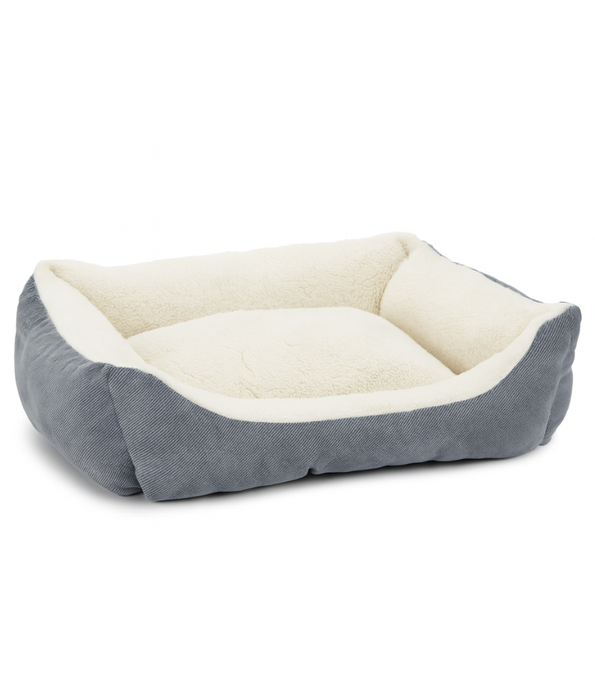 King Queen Beds - Cozy Rectangular Dog & Cat Bed, Corduroy Blue Grey with Cream Sherpa, Anti-Slip, Washable - 60×45×17 cm