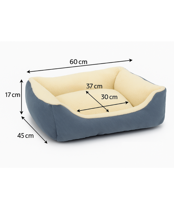 King Queen Beds - Cozy Rectangular Dog & Cat Bed, Corduroy Blue Grey with Cream Sherpa, Anti-Slip, Washable - 60×45×17 cm