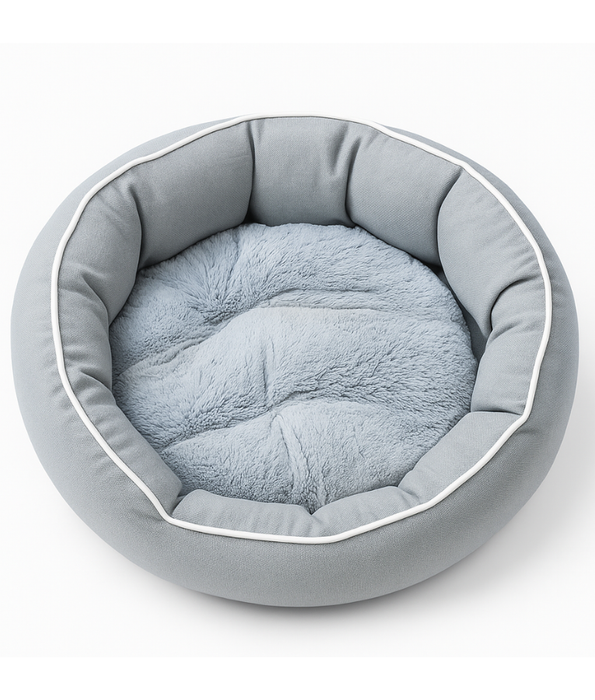 King Queen Beds - Round Dog & Cat Bed, Grey Fabric with Plush Faux Fur Cushion, Anti-Slip, Washable - 60×50×17 cm