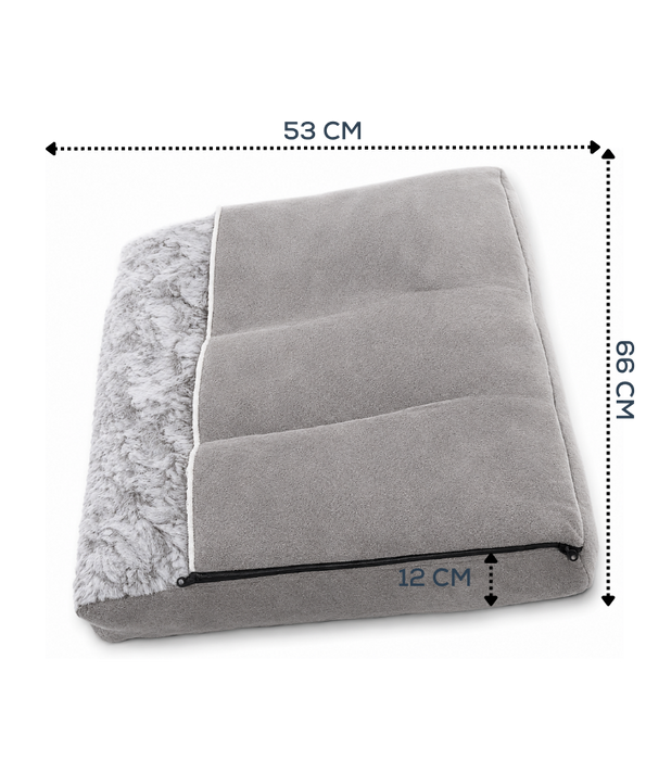 PawComfort - Plush Pet Cushion Bed, Grey Fabric & Faux Fur, Soft Comfortable Pet Bed - 66 x 53 x 12 cm