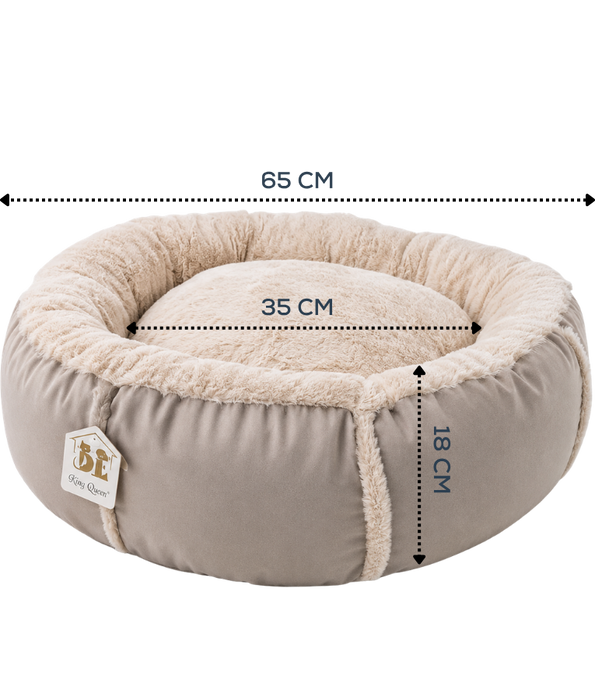 King Queen - Luxury Plush Donut Pet Bed, Ultra Soft Calming Round Bed for Dogs & Cats, Black & Beige - 65 cm