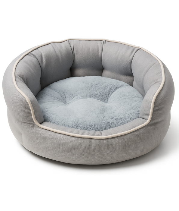 King Queen Beds - Round Dog & Cat Bed, Grey Fabric with Plush Faux Fur Cushion, Anti-Slip, Washable - 60×50×17 cm