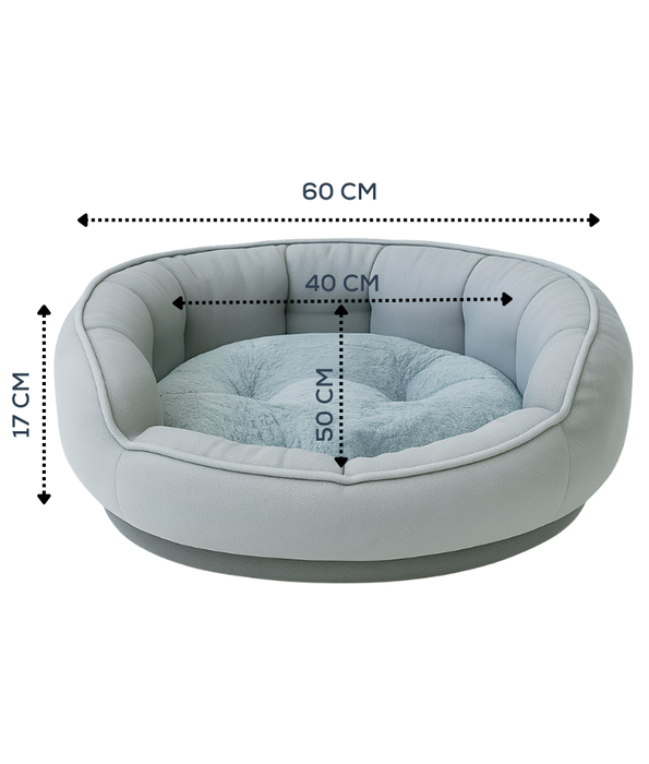 King Queen Beds - Round Dog & Cat Bed, Grey Fabric with Plush Faux Fur Cushion, Anti-Slip, Washable - 60×50×17 cm