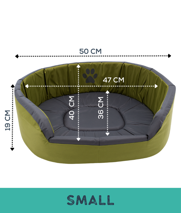King Queen - Paw Prints Olive & Grey Soft Oval Pet Bed – Durable Fabric, Washable Cushion