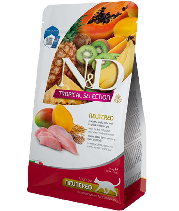 Farmina N&D Tropical Selection neutered cat food, high protein cat food for weight management, featuring chicken and tropical fruits.