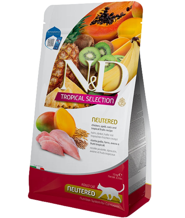 Farmina - N&D Tropical Selection, Neutered, Chicken, Spelt, Oats & Tropical Fruits, Weight Management, Sterilized Adult Cat Dry Food - 1.5 kg