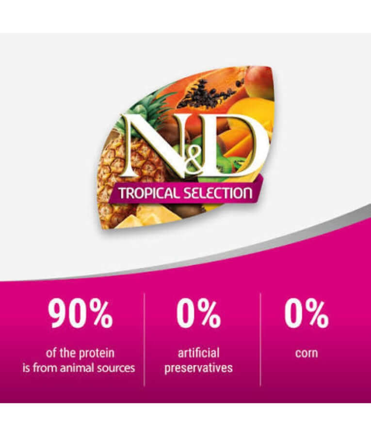 Farmina N&D Tropical Selection logo showcasing premium cat food with protein sources, no preservatives, and no corn.