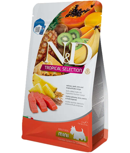 N&D Tropical Salmon Spelt Oats & Tropical Fruits dry dog food for mini breeds package with tropical fruits and salmon.