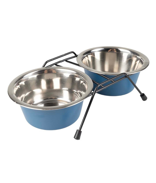 Duvo - Twin Feeders Dinner Set Wire Stand Bowl Petrol Blue