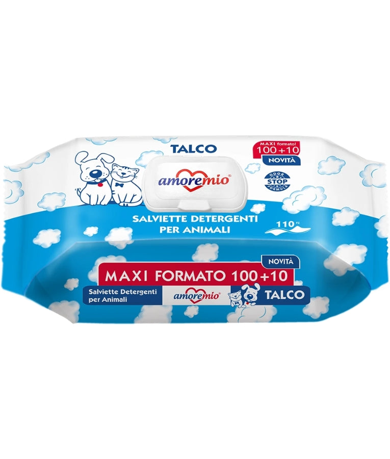 Amore Mio - Cleansing Wipes, Talco Scent With Odor Stop Formula, For Dogs & Cats - 40 Sheets - 110 Sheets