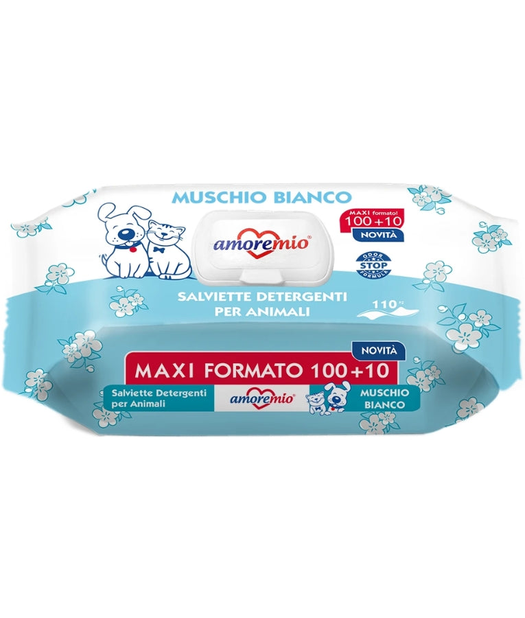 Amore Mio - Cleansing Wipes, Muschcio Bianco White Musk Scent With Odor Stop Formula, For Dogs & Cats - 40 Sheets - 110 Sheets