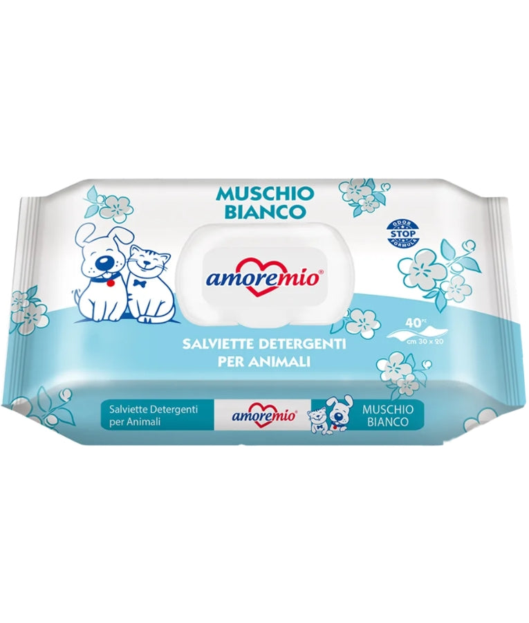 Amore Mio - Cleansing Wipes, Muschcio Bianco White Musk Scent With Odor Stop Formula, For Dogs & Cats - 40 Sheets - 110 Sheets