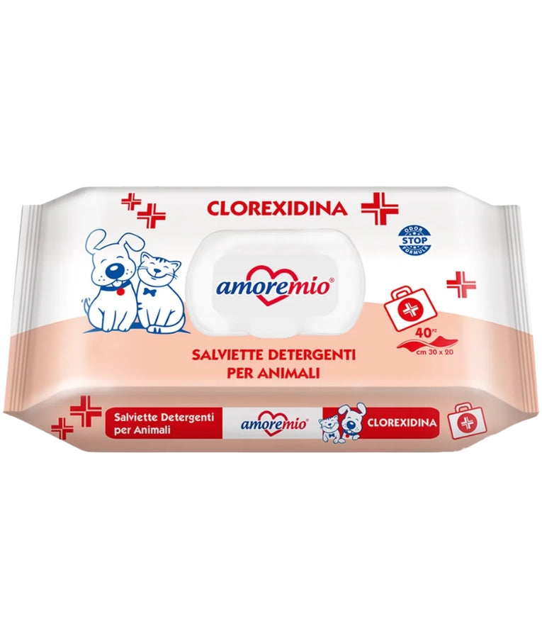 Amore Mio - Cleansing Wipes, Clorexidina Formula With Odor Stop Formula, For Dogs & Cats - 40 Sheets - 110 Sheets