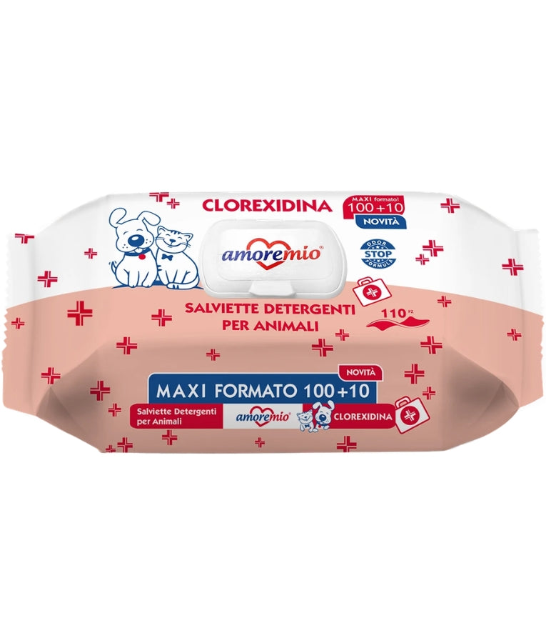 Amore Mio - Cleansing Wipes, Clorexidina Formula With Odor Stop Formula, For Dogs & Cats - 40 Sheets - 110 Sheets