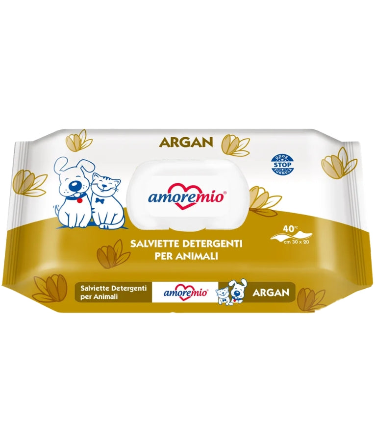 Amore Mio - Cleansing Wipes, Argan Scent With Odor Stop Formula, For Dogs & Cats - 40 Sheets