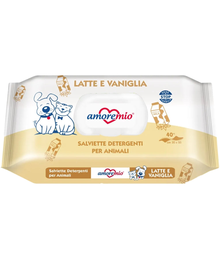 Amore Mio - Cleansing Wipes, Milk & Vanilla Scent With Odor Stop Formula, For Dogs & Cats - 40 Sheets