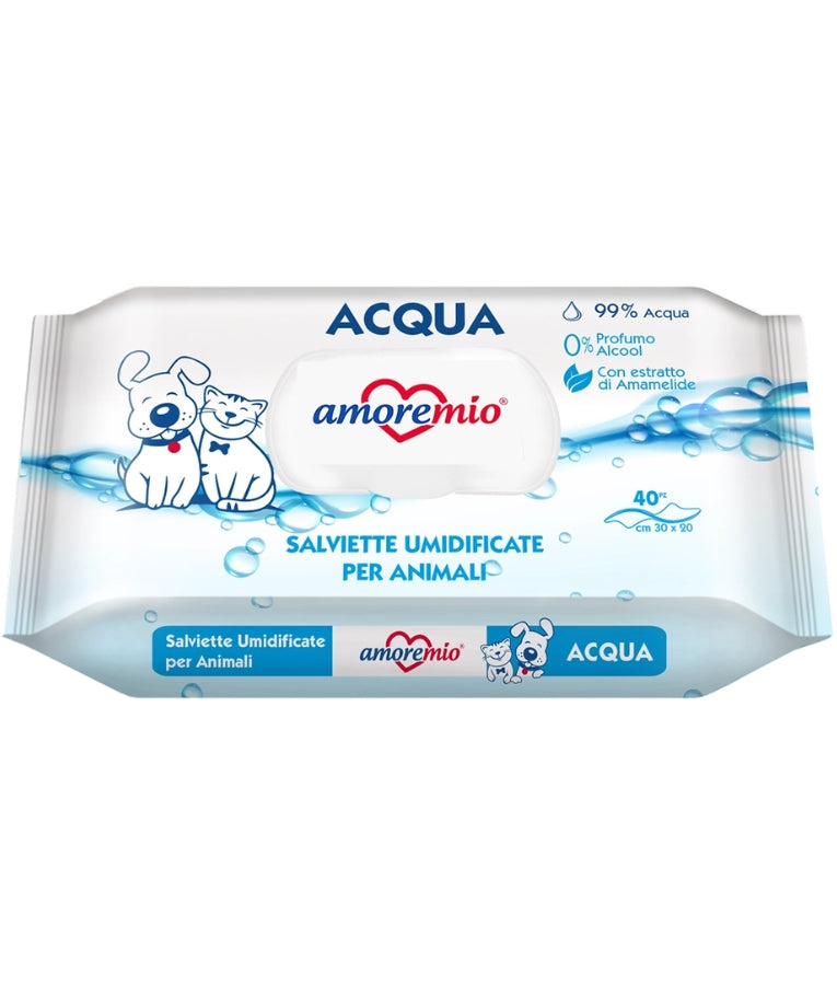 Amore Mio - Delicate Cleansing Wipes, 99% Water Formula With Witch Hazel Extract, Unscented, For Dogs & Cats - 40 Sheets