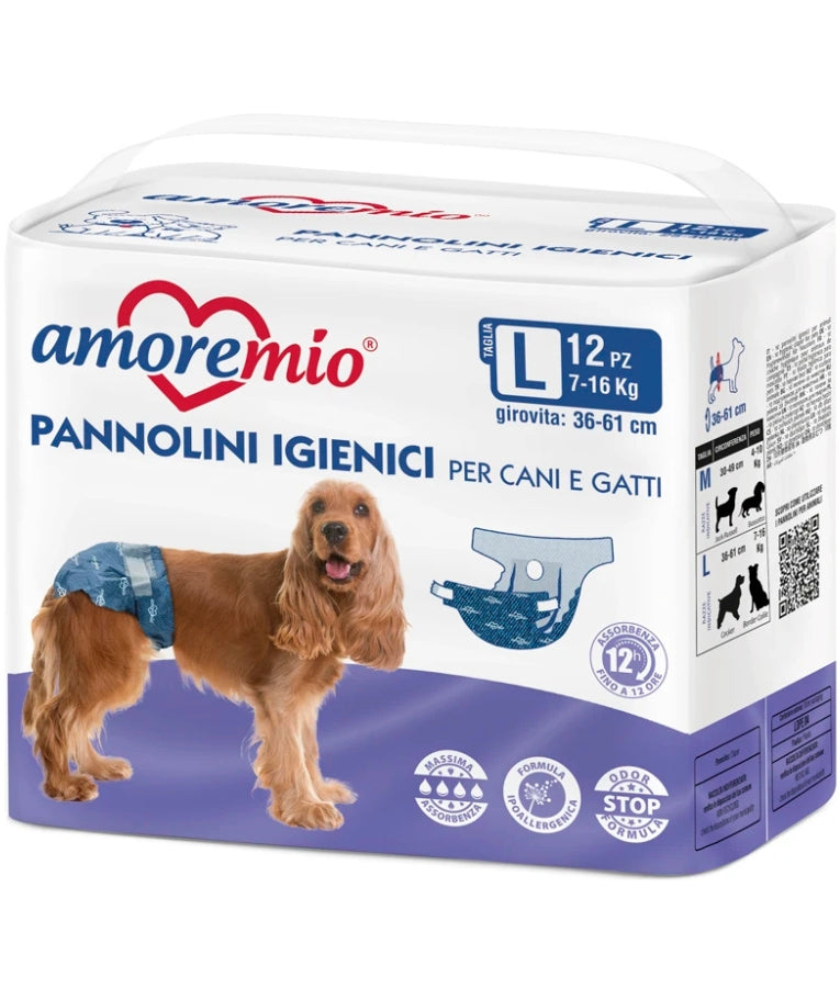 Amore Mio - Hygienic Diapers, Odor Stop Absorbent Formula With Leak-Proof Barriers, For Cats & Female Dogs - Medium - Large - Pack of 12