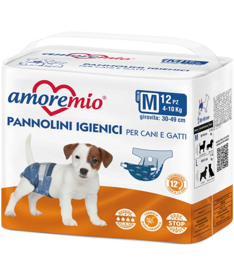 Amore Mio - Hygienic Diapers, Odor Stop Absorbent Formula With Leak-Proof Barriers, For Cats & Female Dogs - Medium - Large - Pack of 12