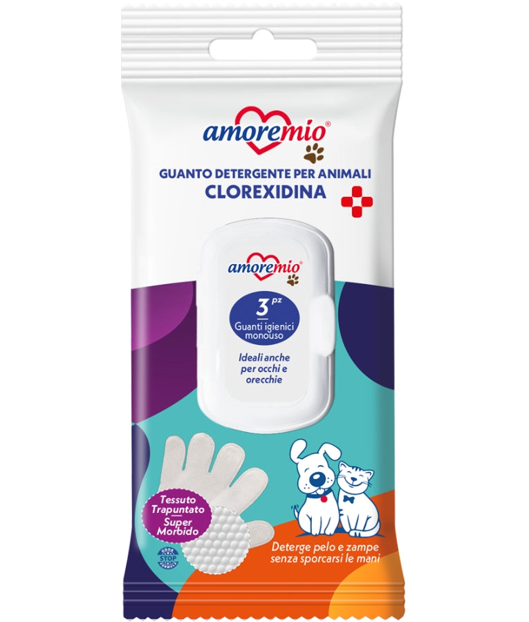 Amore Mio - Cleansing Gloves With Chlorhexidine, Soft Quilted Fabric, For Dogs & Cats - 3 Wet Gloves