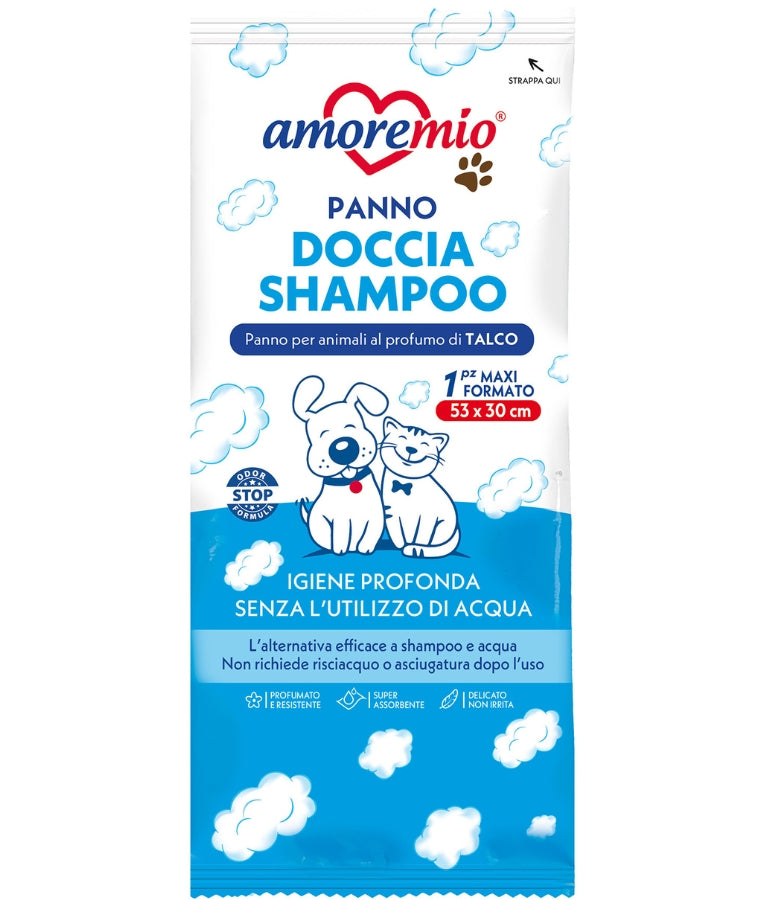 Amore Mio - Shampoo Shower Cloth, Talco Scent With Waterless Cleaning Formula, For Dogs & Cats - 1 Pc - 53x30cm