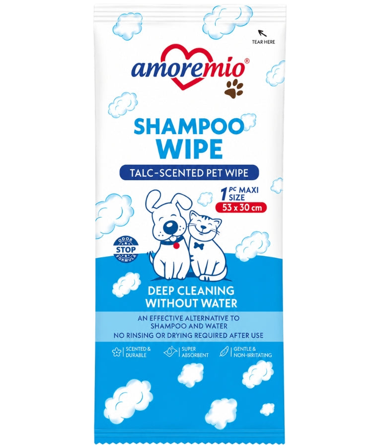 Amore Mio - Shampoo Shower Cloth, Talco Scent With Waterless Cleaning Formula, For Dogs & Cats - 1 Pc - 53x30cm