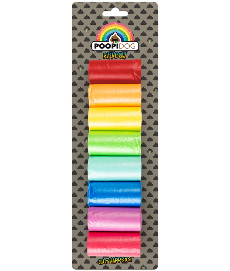 Duvo - Poopidog Rainbow Poo Bags, Extra Thick Multicolour Design, For Dogs - 8 Rolls x 20 Bags (32x19cm)