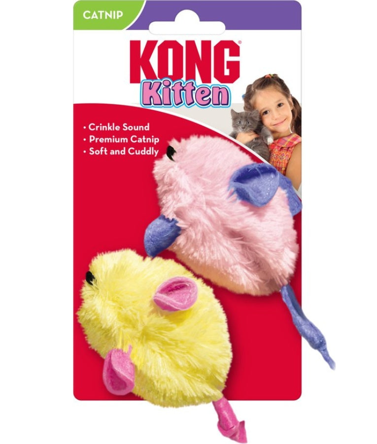 Kong - Cat Kitten Mouse Toy, Soft Plush With Catnip & Crinkle Sound, For Cats - Pack of 2 (4x1x6cm each)