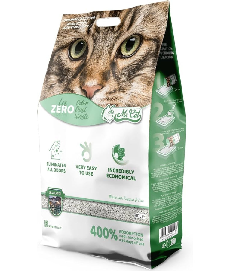 Mr. Cat - Bentonite La Zero Cat Litter, Unscented Clumping With 400% Absorption, For Cats - 10L (8 kg)