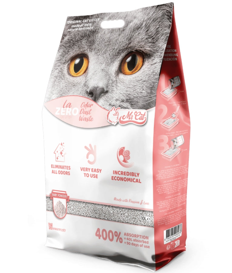Mr. Cat - La Zero Cat Litter, Clumping Bentonite, Baby Powder Scented With 400% Absorption, For Cats - 10L (8 kg)