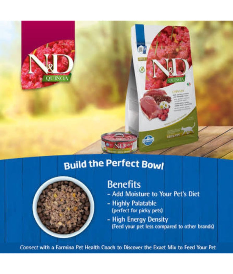 Farmina - N&D Quinoa Urinary Duck, Cranberry & Chamomile, Grain-Free, Adult Dry Cat Food - 1.5kg