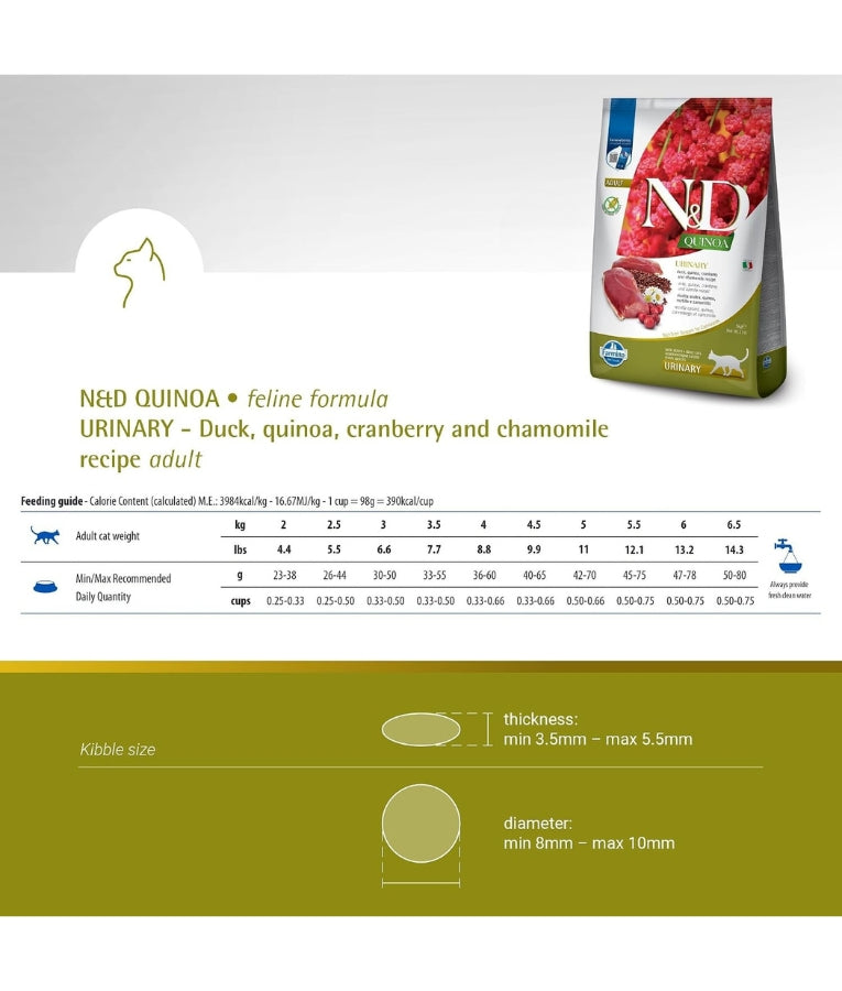 Farmina - N&D Quinoa Urinary Duck, Cranberry & Chamomile, Grain-Free, Adult Dry Cat Food - 1.5kg