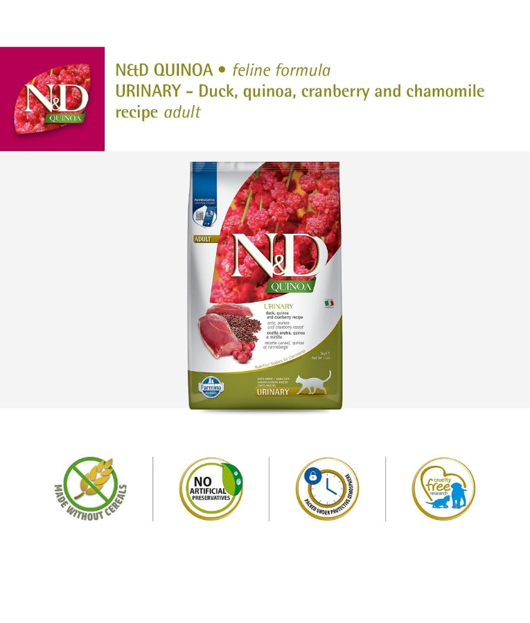 Farmina - N&D Quinoa Urinary Duck, Cranberry & Chamomile, Grain-Free, Adult Dry Cat Food - 1.5kg