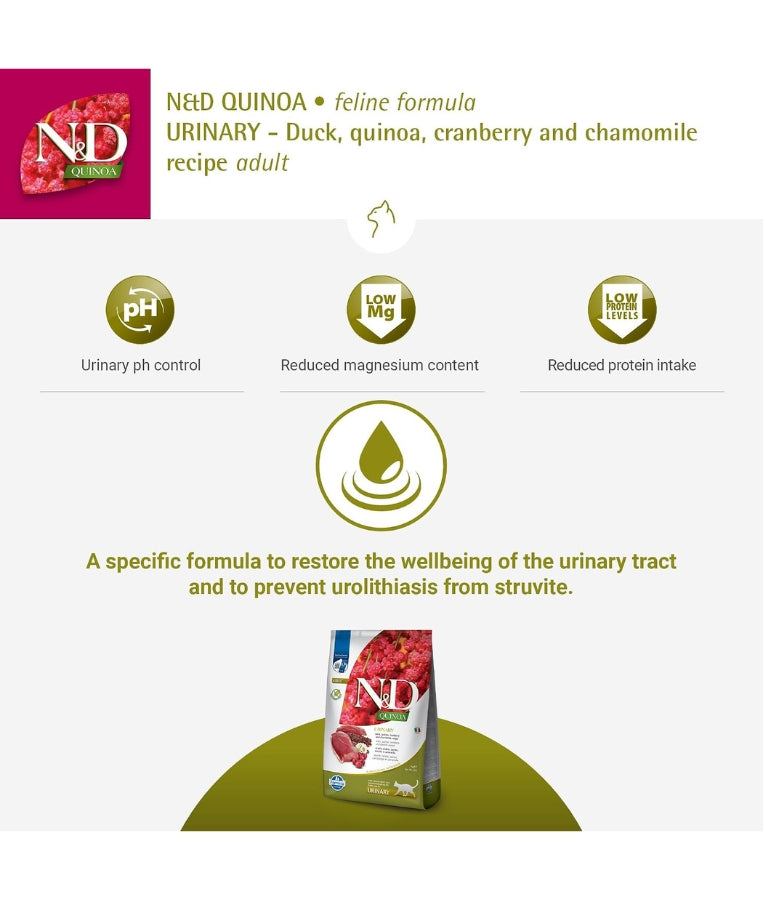 Farmina - N&D Quinoa Urinary Duck, Cranberry & Chamomile, Grain-Free, Adult Dry Cat Food - 1.5kg