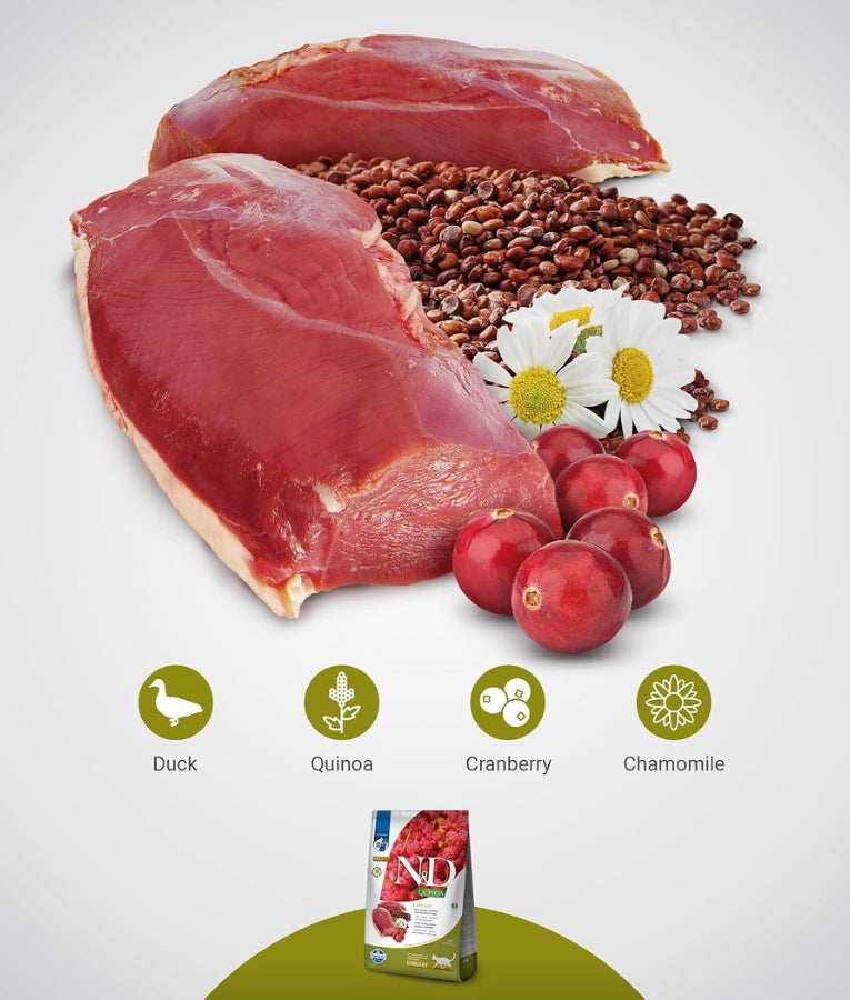 Farmina - N&D Quinoa Urinary Duck, Cranberry & Chamomile, Grain-Free, Adult Dry Cat Food - 1.5kg