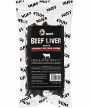 Nuff Beef Liver dehydrated dog treats, single-ingredient, rich in vitamins A, B12, iron, and copper, 100g pack.