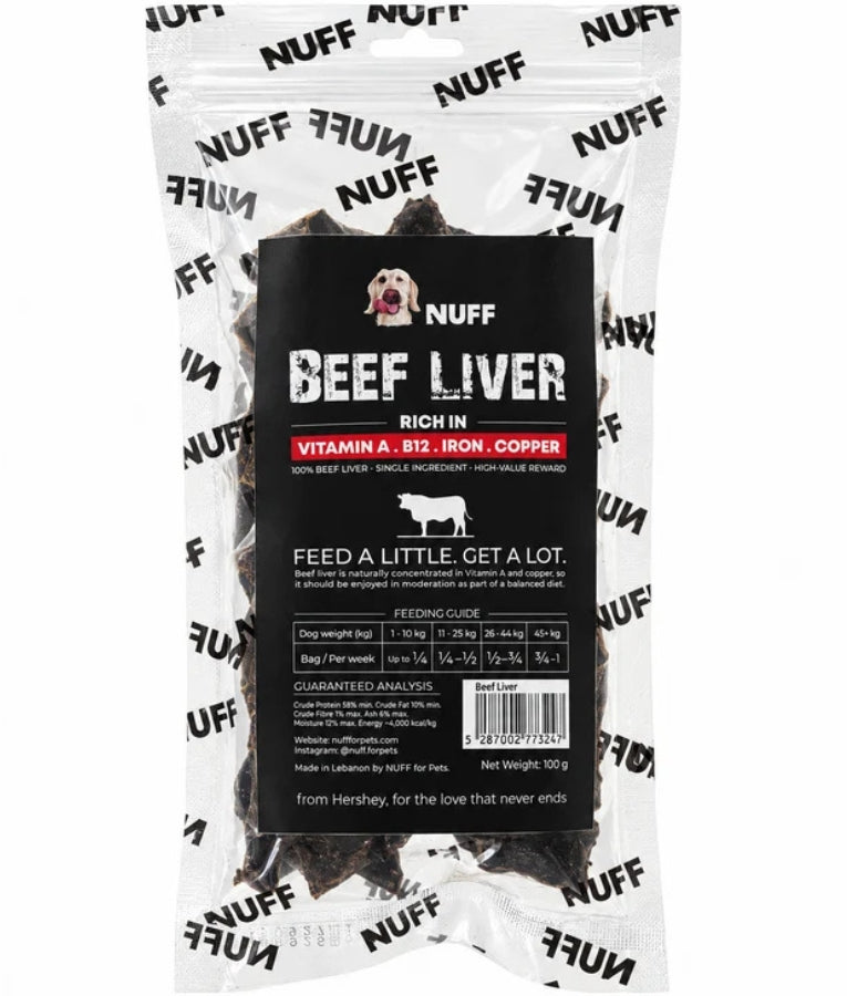 Nuff Beef Liver dehydrated dog treats, single-ingredient, rich in vitamins A, B12, iron, and copper, 100g pack.